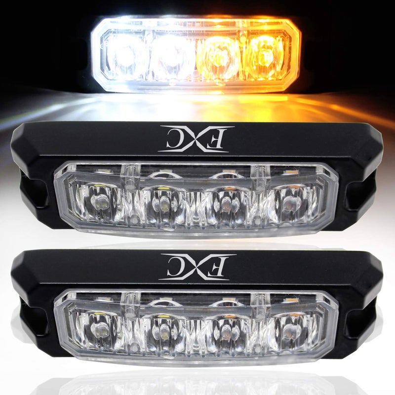 FXC 4-LED Strobe Light White/Amber Waterproof Emergency Beacon Flash Lights,Purishion Caution Bar 16 Patterns Flashing Car SUV Pickup Truck Van Vehicle POV (2 Pack)(4LED White/Amber) - Image 1